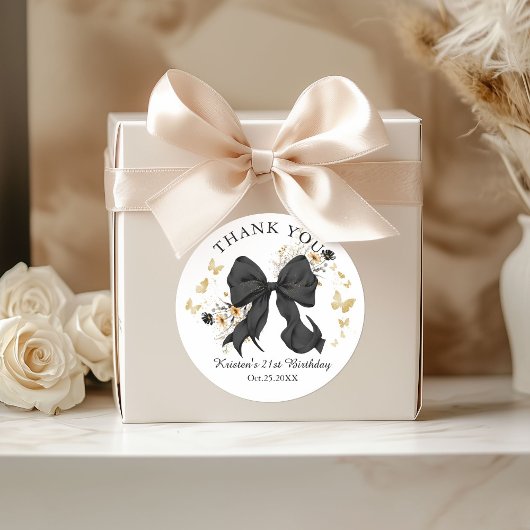 Elegant Black Coquette Bow Wildflowers Thank you ラウンドシール