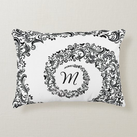 Elegant Black Damask Monogram アクセントクッション (正面)