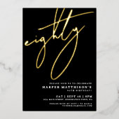 Elegant Black Eighty 80th Birthday Gold 箔招待状 (正面)