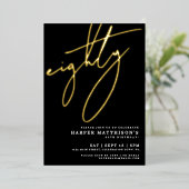 Elegant Black Eighty 80th Birthday Gold 箔招待状 (立ち正面)