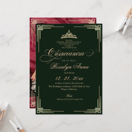Elegant Black Emerald Green Princess Quinceañera  招待状 (正面/裏面インサイチュ)