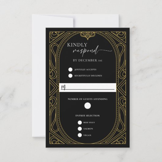 Elegant Black Faux Gold Art Deco Response Card 出欠カード (正面)