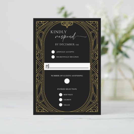 Elegant Black Faux Gold Art Deco Response Card 出欠カード (スタンド正面)