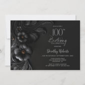 Elegant Black Floral 100th Birthday Party 招待状 (正面)