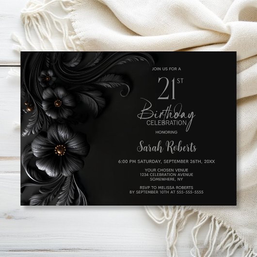 Elegant Black Floral 21st Birthday Party 招待状