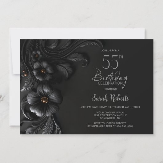 Elegant Black Floral 55th Birthday Party 招待状 (正面)