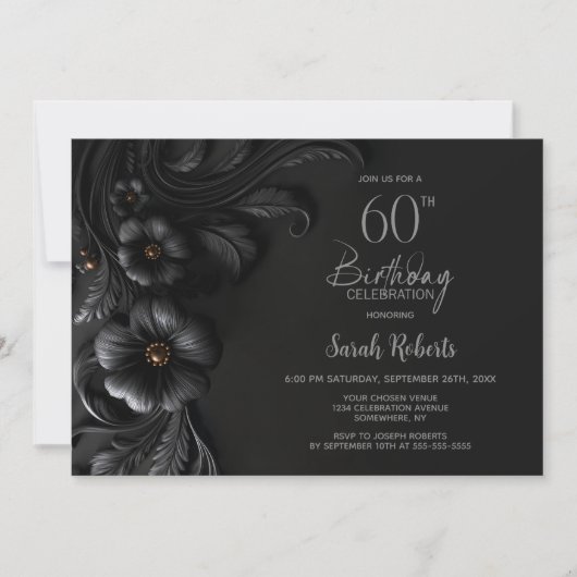 Elegant Black Floral 60th Birthday Party 招待状 (正面)