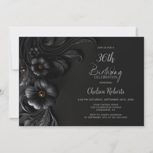 Elegant Black Floral Birthday Party 招待状 (正面)
