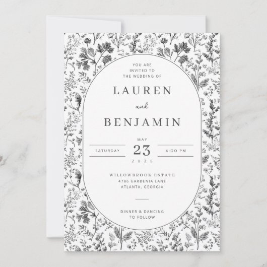 Elegant Black Floral Botanical 招待状 (正面)