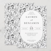 Elegant Black Floral Botanical 招待状 (正面/裏面)