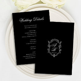 Elegant Black Floral Crest Monogram Script Wedding エンクロージャーカード