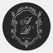 Elegant Black Floral Crest Monogram Script Wedding ラウンドシール (正面)