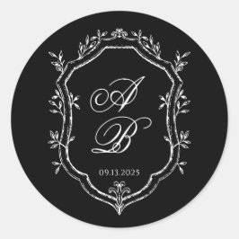Elegant Black Floral Crest Monogram Script Wedding ラウンドシール