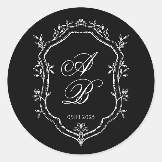 Elegant Black Floral Crest Monogram Script Wedding ラウンドシール (正面)