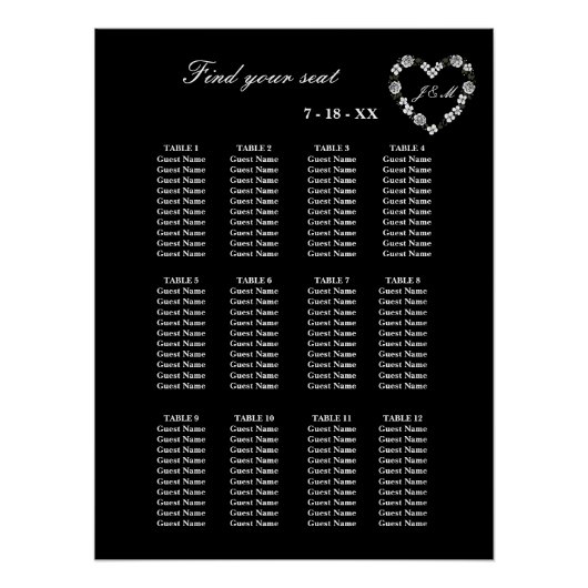 Elegant Black Floral Heart 12 Tables Wedding Seati ポスター (正面)
