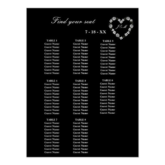Elegant Black Floral Heart 8 Tables Wedding Seatin ポスター (正面)