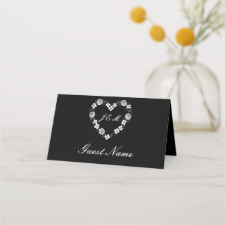 Elegant Black Floral Heart Wedding Place Card プレイスカード