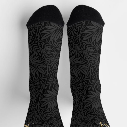Elegant Black Floral Monogram Name Socks ソックス (上部)