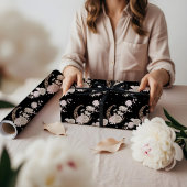 Elegant Black Floral Peony Celestial Moon & Stars ラッピングペーパー