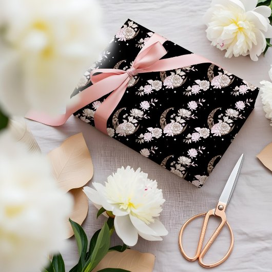 Elegant Black Floral Peony Celestial Moon & Stars ラッピングペーパー
