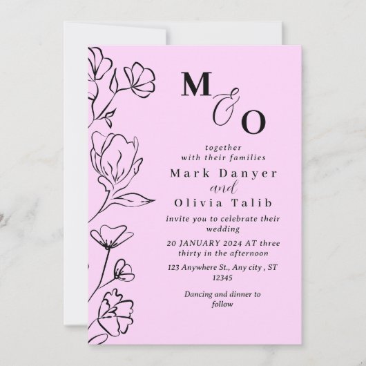 Elegant black Floral Wedding Invitation 招待状 (正面)