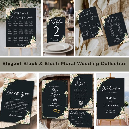 Elegant Black Floral Wedding RSVP Card Template