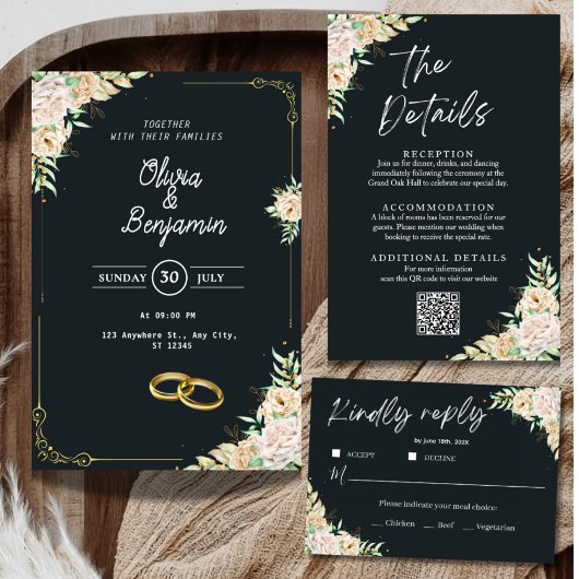 Elegant Black Floral Wedding RSVP Card Template