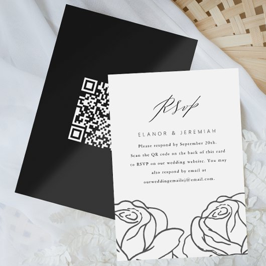 Elegant Black Floral Wedding RSVP with QR Code