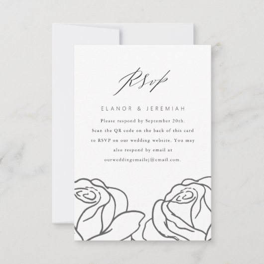 Elegant Black Floral Wedding RSVP with QR Code (正面)