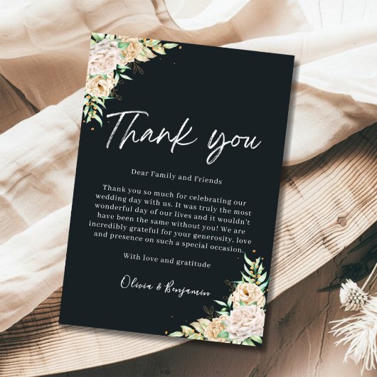 Elegant Black Floral Wedding Thank You Card サンキューカード