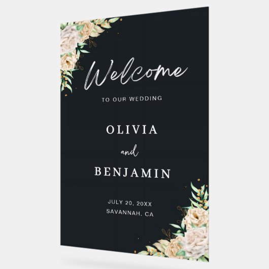 Elegant Black Floral Wedding Welcome Sign アクリルサイン (傾斜)