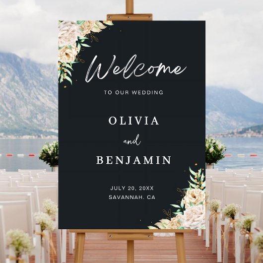 Elegant Black Floral Wedding Welcome Sign アクリルサイン
