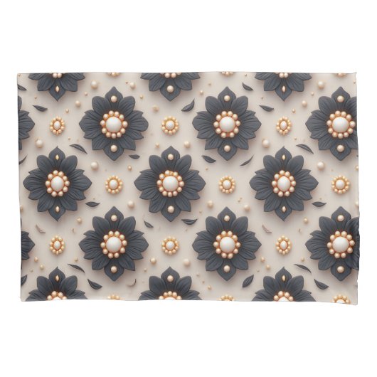 Elegant Black Flower Embellishments With Pearl 枕カバー (正面)