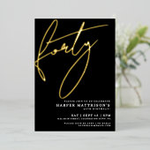 Elegant Black Forty 40th Birthday Gold 箔招待状 (立ち正面)