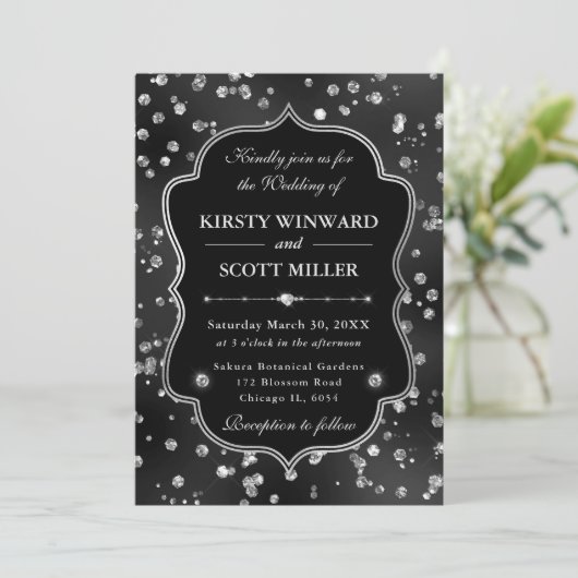 Elegant Black Glitter Diamonds Glam Wedding 招待状 (スタンド正面)
