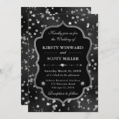 Elegant Black Glitter Diamonds Glam Wedding 招待状 (正面/裏面)