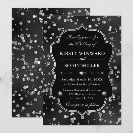 Elegant Black Glitter Diamonds Glam Wedding 招待状 (正面/裏面)