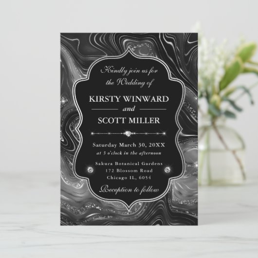 Elegant Black Glitter Marble Gothic Glam Wedding 招待状 (スタンド正面)