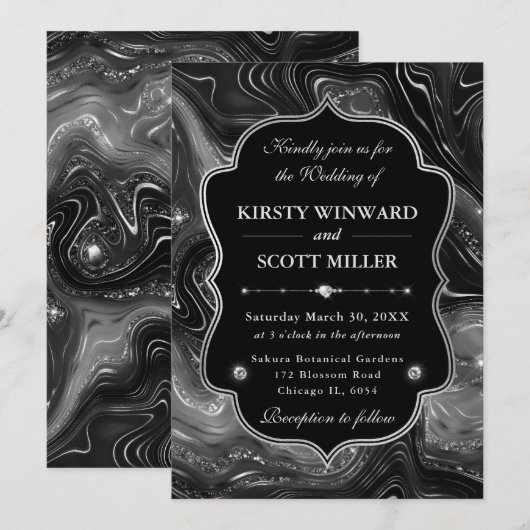Elegant Black Glitter Marble Gothic Glam Wedding 招待状 (正面/裏面)