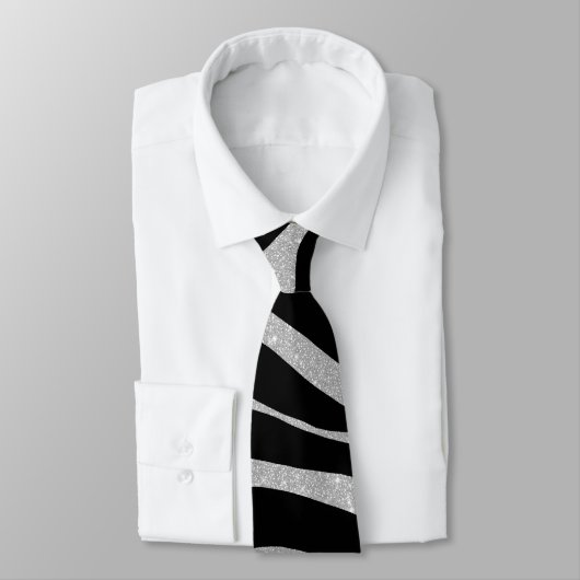 Elegant Black Glitter Silver Zebra Animal Print ネクタイ (タイ)