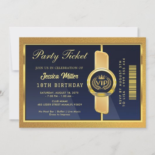 Elegant Black & Gold 18th Birthday Ticket Invite 招待状 (正面)