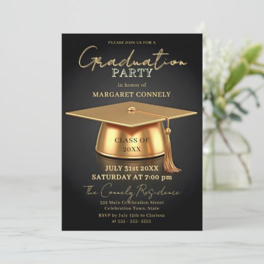 Elegant Black & Gold 3D Cap Graduation Party 招待状 (スタンド正面)
