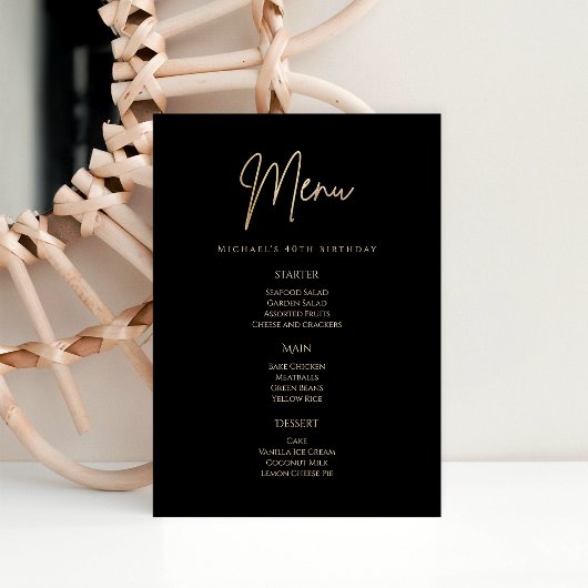 Elegant Black Gold 40th Birthday Party Menu Card 招待状
