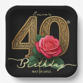 Elegant Black Gold 40th Birthday Red Rose Floral ペーパープレート (正面)