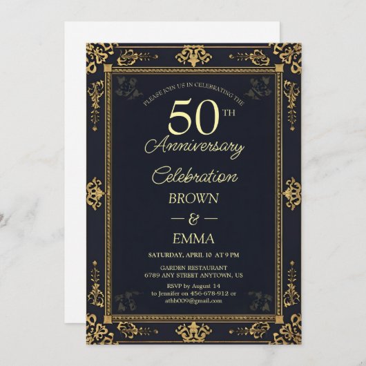 Elegant Black Gold 50th Anniversary Celebration In 招待状 (正面/裏面)