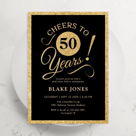Elegant Black Gold 50th Birthday 招待状