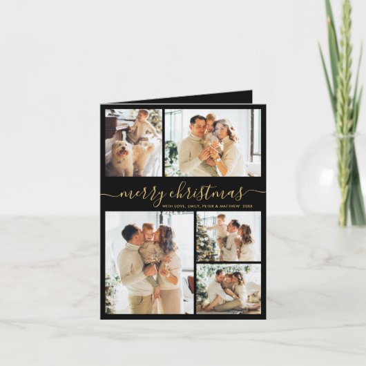 Elegant Black Gold 5 Photo Collage Christmas  シーズンカード (正面)