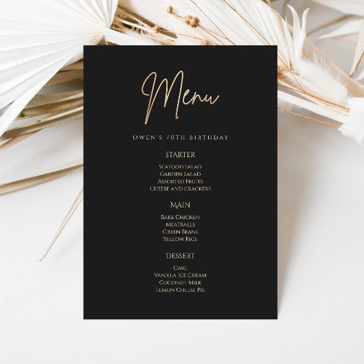 Elegant Black Gold 70th Birthday Party Menu Card 招待状