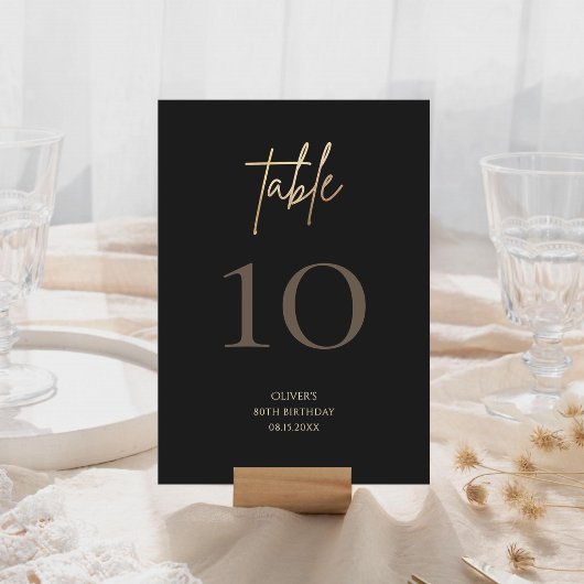 Elegant Black Gold 80th Birthday Table Number 出欠カード