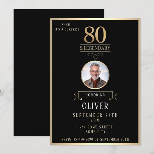 Elegant Black & Gold 80th & Legendary Birthday 招待状 (正面/裏面)